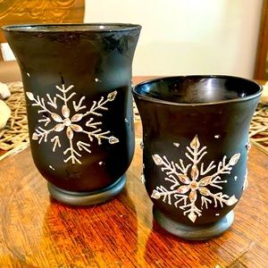 Set of 2 black glass silver glitter rhinestone candle holder festive decor.